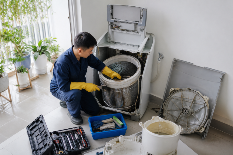 Kỹ thuật viên tháo lồng vệ sinh máy giặt tại nhà
