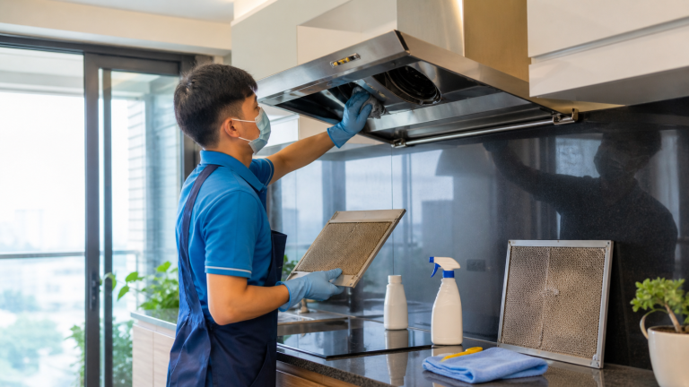 Kỹ thuật viên vệ sinh máy hút mùi trong bếp gia đình Việt Nam