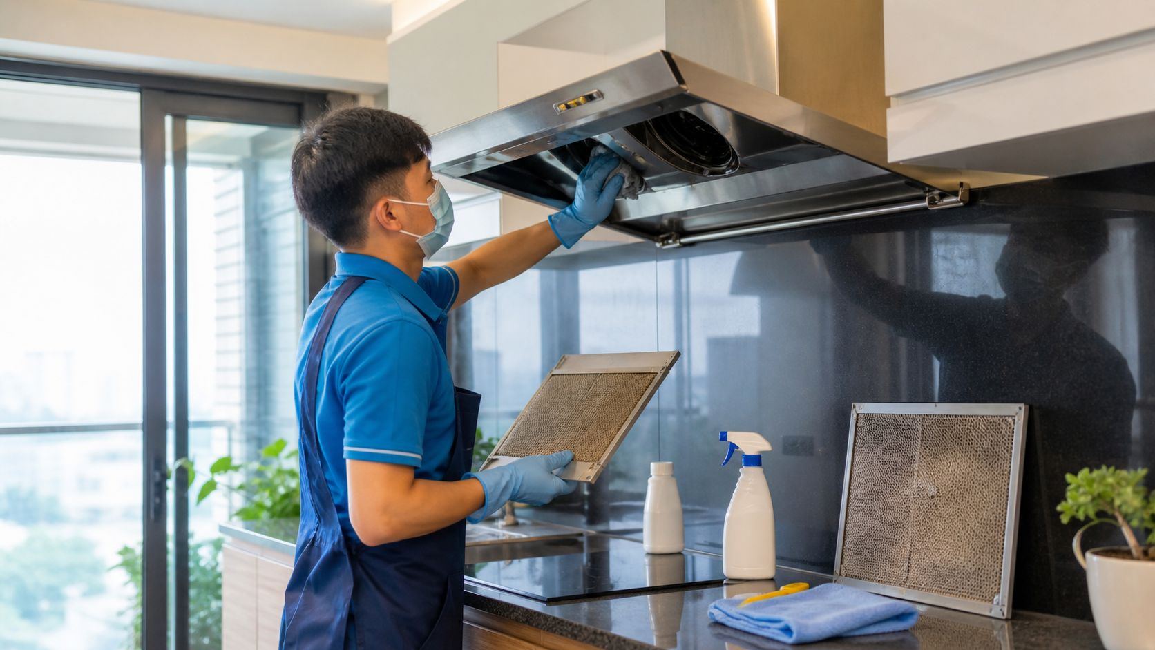 Kỹ thuật viên vệ sinh máy hút mùi trong bếp gia đình Việt Nam