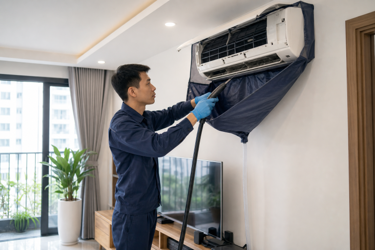 Kỹ thuật viên vệ sinh máy lạnh treo tường tại căn hộ