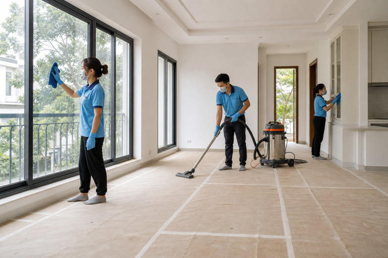 Đội vệ sinh nhà sau xây dựng bằng máy hút bụi công nghiệp