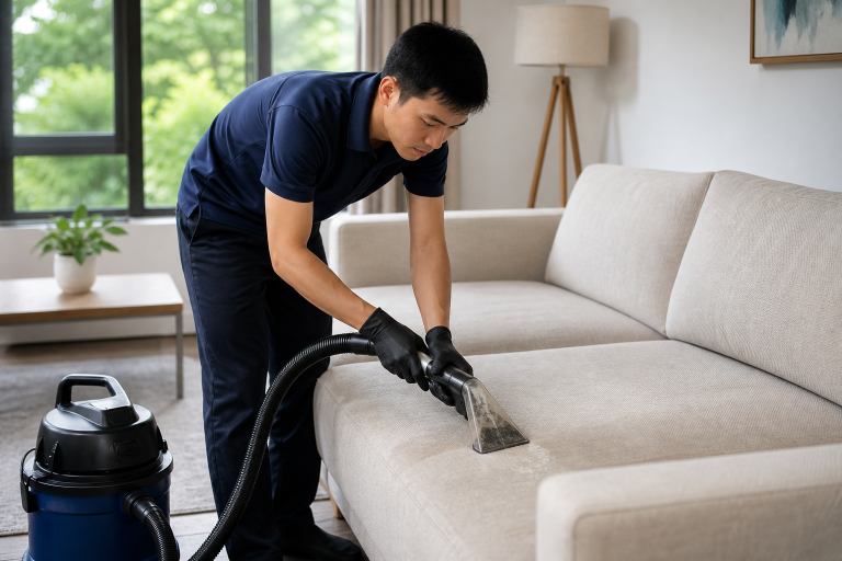Kỹ thuật viên vệ sinh sofa vải bằng máy phun hút