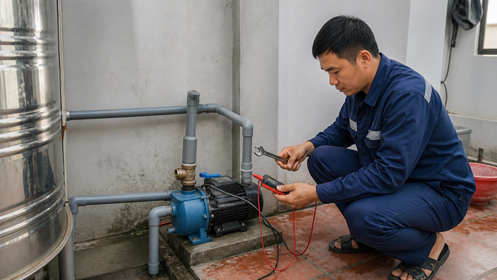 Kỹ thuật viên sửa máy bơm nước gia đình tại Việt Nam