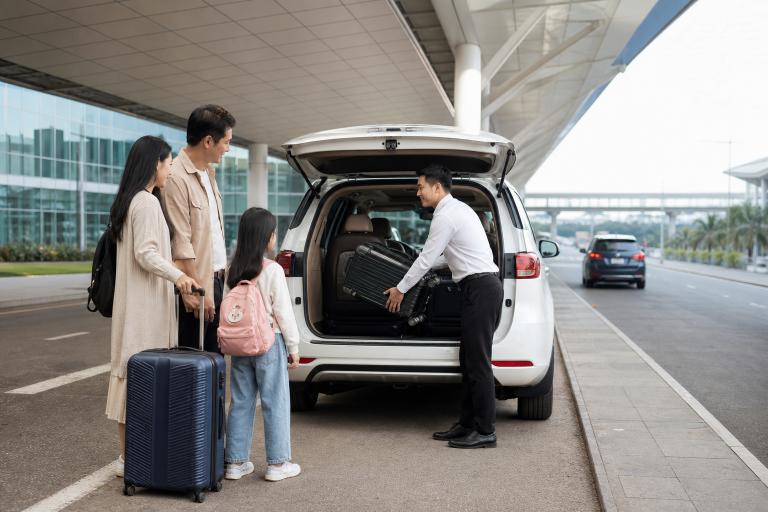 Tài xế hỗ trợ gia đình xếp hành lý lên xe đưa đón sân bay